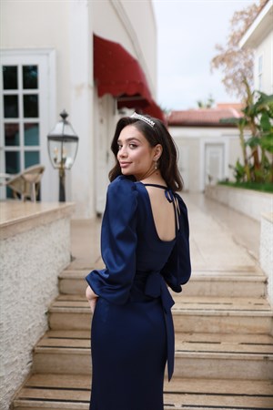 Lily Lacivert Saten Balon Kol Balık Özel Tasarım Abiye Elbise