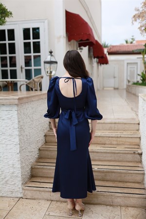 Lily Lacivert Saten Balon Kol Balık Özel Tasarım Abiye Elbise