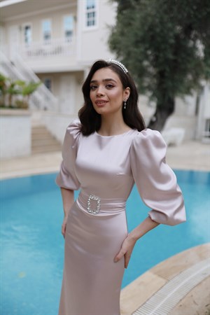 Lily Pudra Pembe Saten Balon Kol Balık Özel Tasarım Abiye Elbise