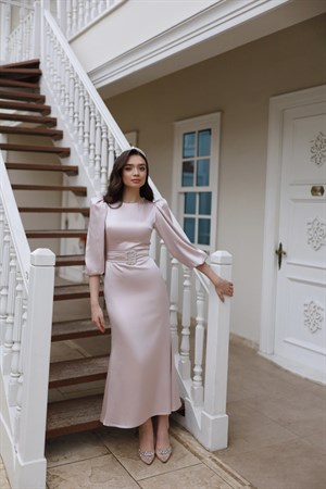 Lily Pudra Pembe Saten Balon Kol Balık Özel Tasarım Abiye Elbise