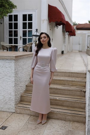 Lily Pudra Pembe Saten Balon Kol Balık Özel Tasarım Abiye Elbise