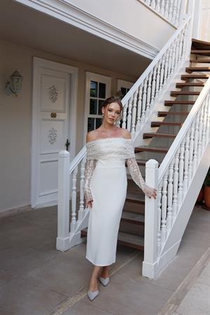 Linda Beyaz Kalem Özel Tasarım Dantel Detaylı Nikah Nişan Söz Elbisesi