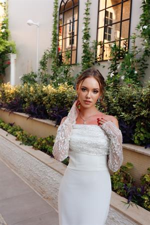 Linda Beyaz Kalem Özel Tasarım Dantel Detaylı Nikah Nişan Söz Elbisesi