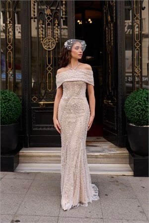 Liva Balık Bej Beyaz Dantel Nikah Nişan Söz Elbisesi