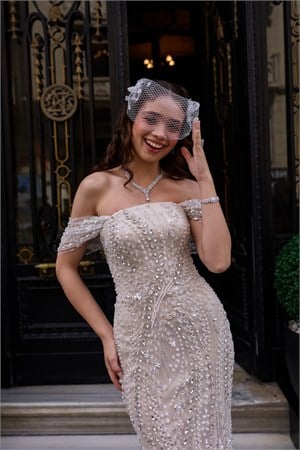Liva Balık Bej Beyaz Dantel Nikah Nişan Söz Elbisesi