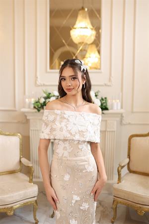Margaret Saten Bolero Beyaz Çiçekli Nişan Nikah Davet Elbise