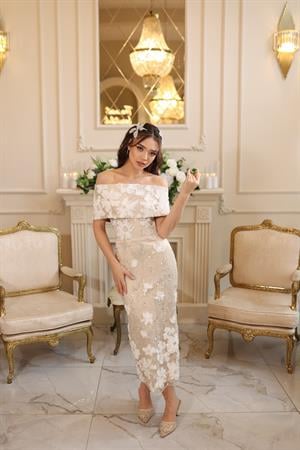 Margaret Saten Bolero Beyaz Çiçekli Nişan Nikah Davet Elbise
