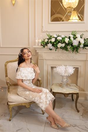 Margaret Saten Bolero Beyaz Çiçekli Nişan Nikah Davet Elbise
