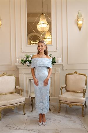 Margaret Saten Bolero Mavi Çiçekli Nişan Nikah Davet Elbise