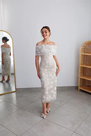 Marsilya Beyaz Çiçekli Özel Tasarım Dantel Abiye Elbise