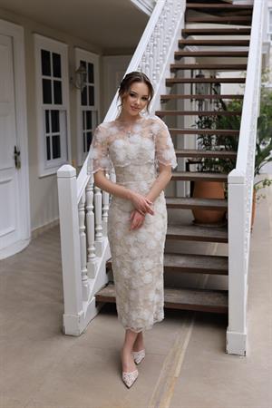 Marsilya Pelerin Bej Dantel Kalem Özel Tasarım Nişan Abiye Elbise