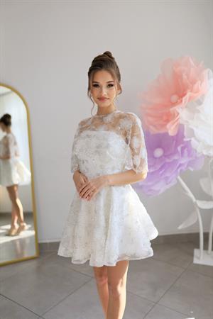 Marsilya Pelerinli Mini Dantel After Parti Tasarım Elbise