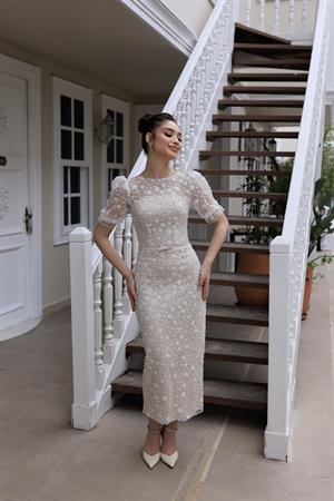 Mathilda Bej Beyaz Dantel Balon Kol Kalem Özel Tasarım Nişan Abiye Elbise