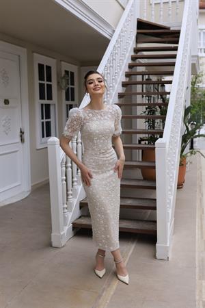 Mathilda Bej Beyaz Dantel Balon Kol Kalem Özel Tasarım Nişan Abiye Elbise