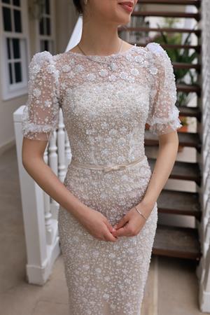 Mathilda Bej Beyaz Dantel Balon Kol Kalem Özel Tasarım Nişan Abiye Elbise
