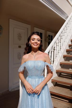 Melissa Bebek Mavi Özel Tasarım Simli Tül Abiye Elbise