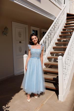 Melissa Bebek Mavi Özel Tasarım Simli Tül Abiye Elbise