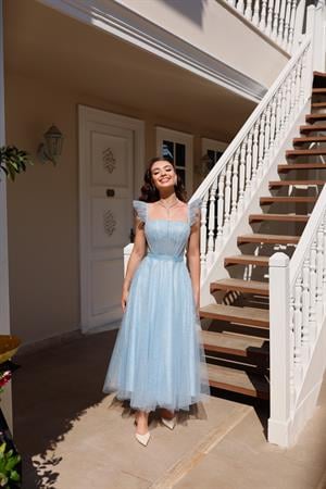 Melissa Bebek Mavi Özel Tasarım Simli Tül Abiye Elbise