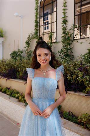 Melissa Bebek Mavi Özel Tasarım Simli Tül Abiye Elbise