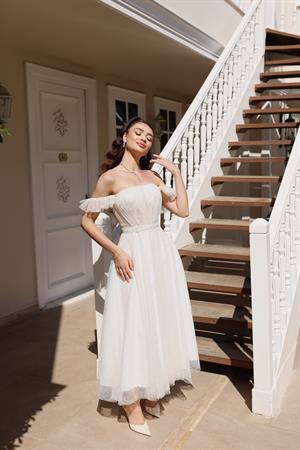 Melissa Beyaz Simli Tül Özel Tasarım Nikah Nişan Söz Elbisesi