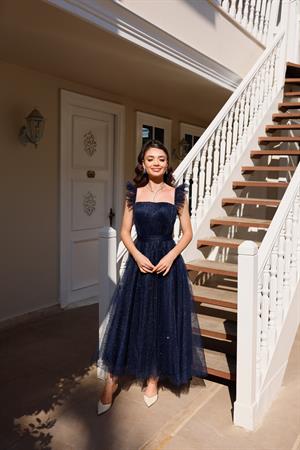 Melissa Lacivert Özel Tasarım Simli Tül Abiye Elbise