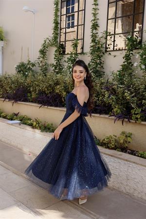 Melissa Lacivert Özel Tasarım Simli Tül Abiye Elbise