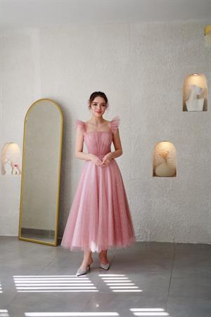 Melissa Pudra Özel Tasarım Simli Tül Abiye Elbise