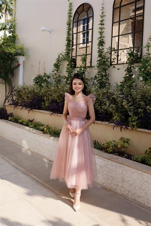 Melissa Pudra Özel Tasarım Simli Tül Abiye Elbise