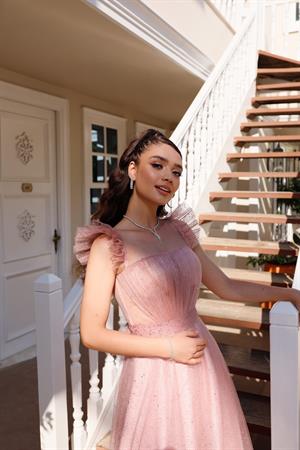 Melissa Pudra Özel Tasarım Simli Tül Abiye Elbise