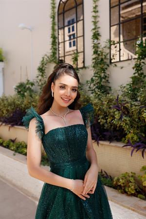 Melissa Zümrüt Yeşili Özel Tasarım Simli Tül Abiye Elbise