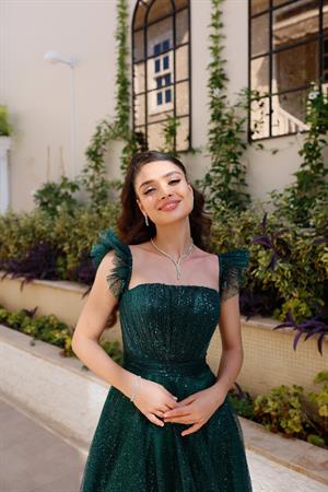 Melissa Zümrüt Yeşili Özel Tasarım Simli Tül Abiye Elbise