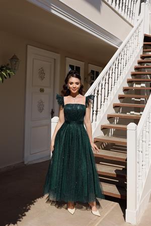 Melissa Zümrüt Yeşili Özel Tasarım Simli Tül Abiye Elbise