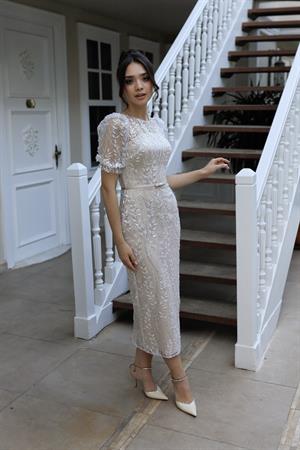 Miranda Balon Kol Bej Beyaz Dantel Kalem Özel Tasarım Nişan Abiye Elbise