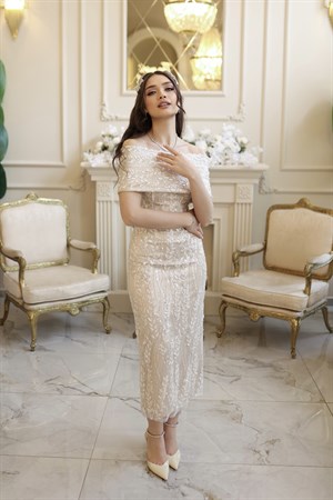 Miranda Kalem Beyaz Yeni Dantel Bolero Nişan Elbise