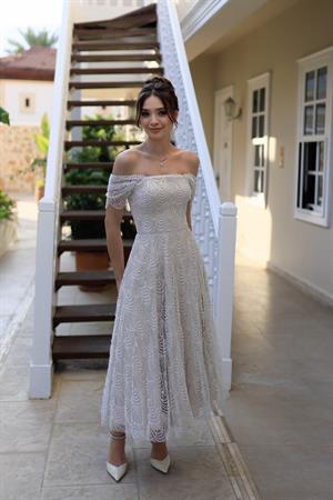 Monica Düşük Kol Prenses Özel Tasarım Dantel Nişan Nikah Elbisesi