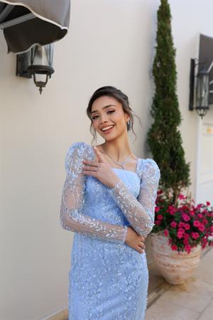 Nastya Bebek Mavi Midi Boy Özel Tasarım Dantel Abiye Elbise