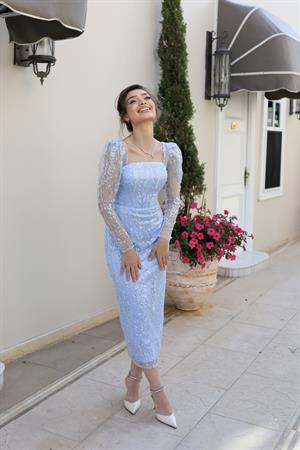 Nastya Bebek Mavi Midi Boy Özel Tasarım Dantel Abiye Elbise