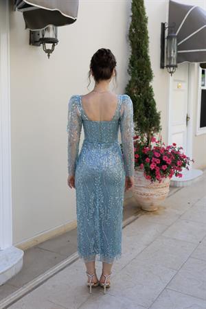 Nastya Yeşil Midi Boy Özel Tasarım Dantel Abiye Elbise