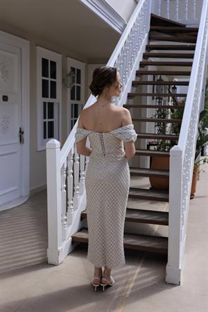 Pera Bej Dantel Kalem Özel Tasarım Nişan Abiye Elbise