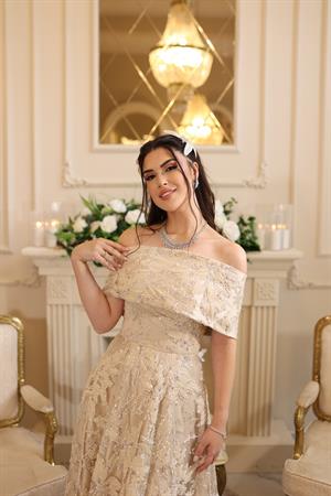Ares Prenses  Bej Çiçekli Özel Tasarım Dantel Nişan Nikah Elbise