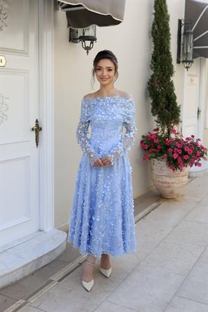 Lavinya Prenses Bebek Mavi Çiçekli Özel Tasarım Dantel Abiye Elbise