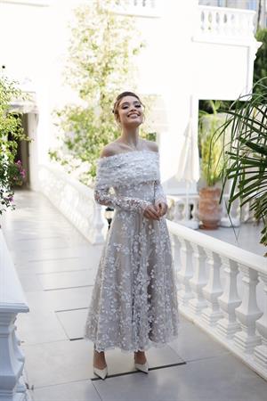 Lavinya Prenses Beyaz Çiçekli Özel Tasarım Dantel Abiye Elbise