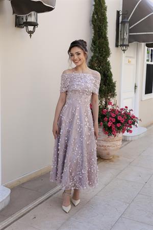 Lavinya Prenses Pudra Çiçekli Özel Tasarım Dantel Abiye Elbise