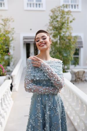 Lavinya Prenses Su Yeşili Çiçekli Özel Tasarım Dantel Abiye Elbise