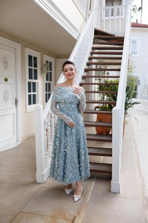 Lavinya Prenses Su Yeşili Çiçekli Özel Tasarım Dantel Abiye Elbise