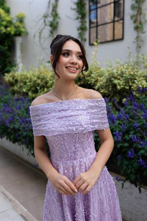 Miranda Prenses Lila Pile Dantel Davet Nişan Elbise