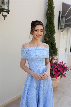 Miranda Prenses Mavi Çiçekli Özel Tasarım Dantel Abiye Elbise