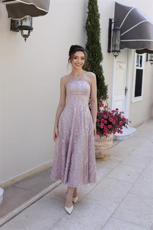 Miranda Prenses Pudra Çiçekli Özel Tasarım Dantel Abiye Elbise