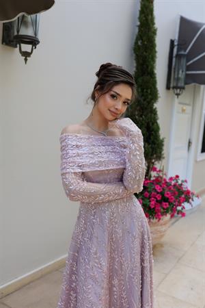 Miranda Prenses Pudra Çiçekli Özel Tasarım Dantel Abiye Elbise