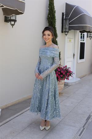 Miranda Prenses Yeşil Çiçekli Özel Tasarım Dantel Abiye Elbise
